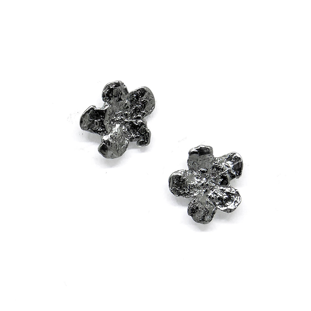 2. Oxide-plated SPRING Forget-Me-Not earrings by Agnes Veski Jewellery, handcrafted from 925 silver, displayed in studio