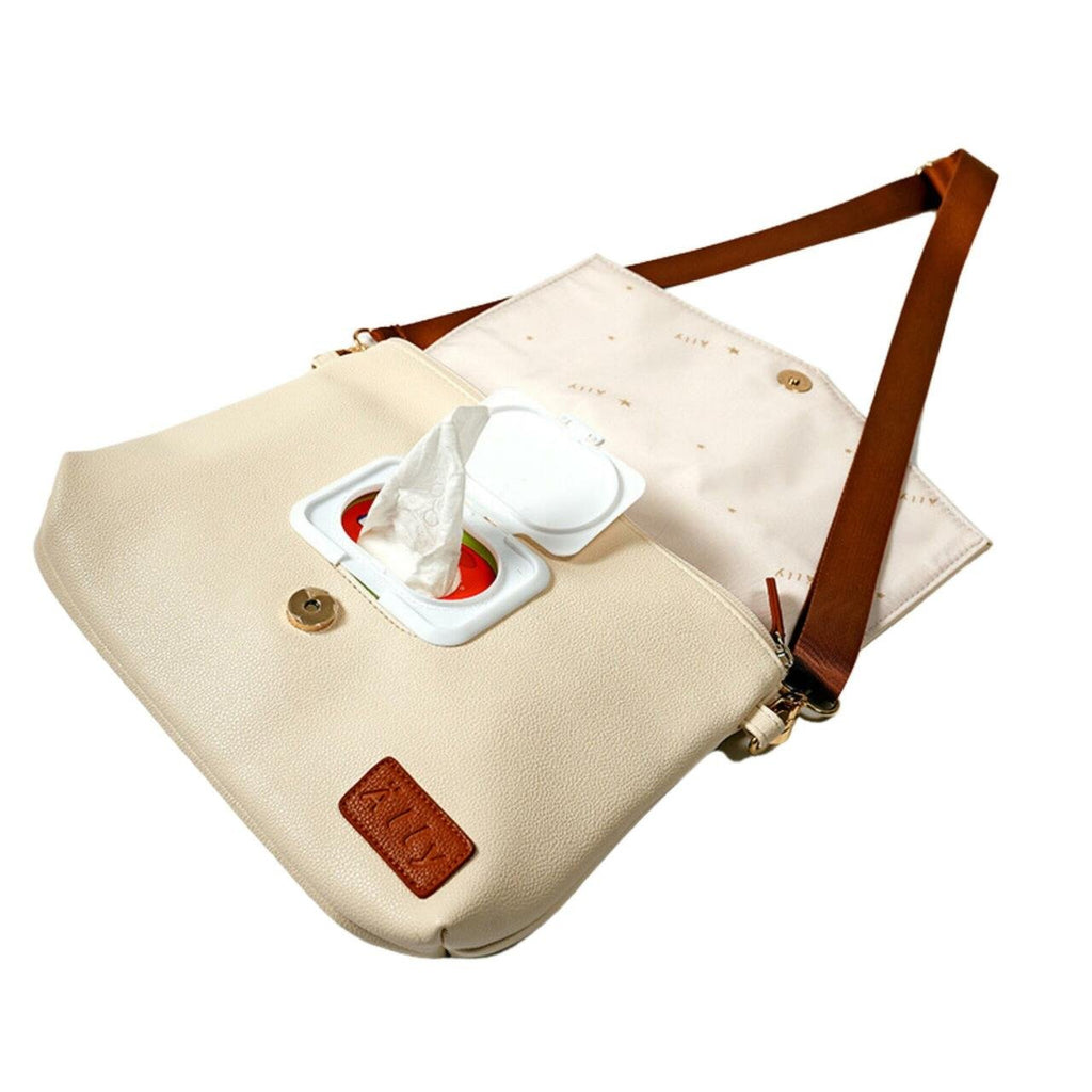 6. Open view of Ally Scandic Älly Handbag in Cappuccino, showing removable wet wipes pocket and interior design