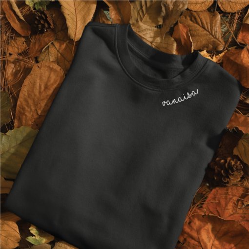 3. Black Vanaisa sweatshirt by Beebila with embroidered collar, displayed on autumn leaves