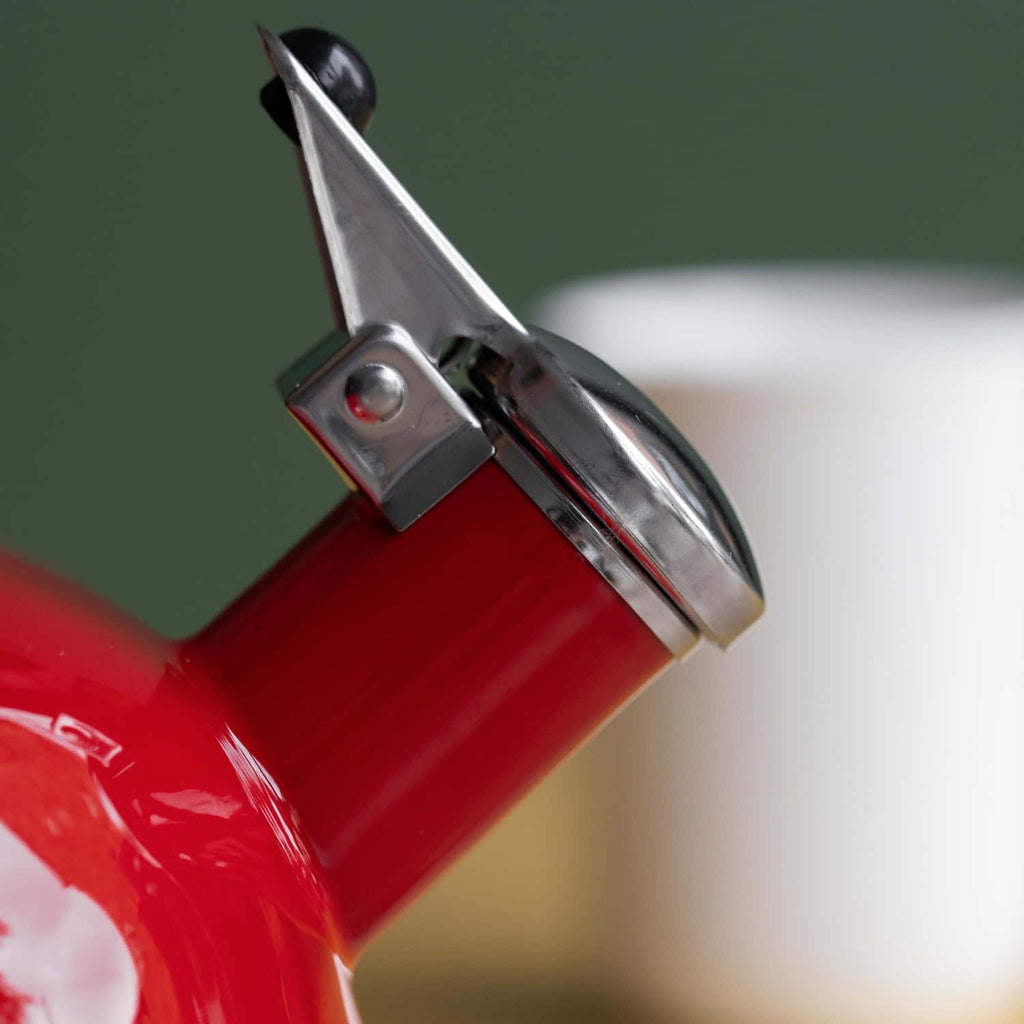 5. Detail of spout and whistle on red La Cafetière kettle with blurred background