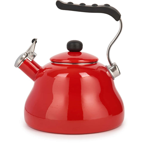 1. Red La Cafetière whistle kettle with black handle and lid knob on white background