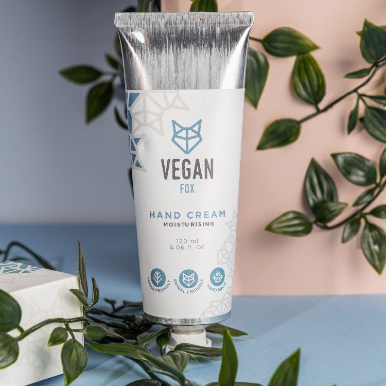 2. Vegan Fox Moisturising Hand Cream tube with green leaves, highlighting eco-friendly packaging