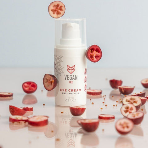 5. Vegan Fox Anti-Wrinkle Eye Cream with sliced cranberries, emphasizing antioxidant-rich formula