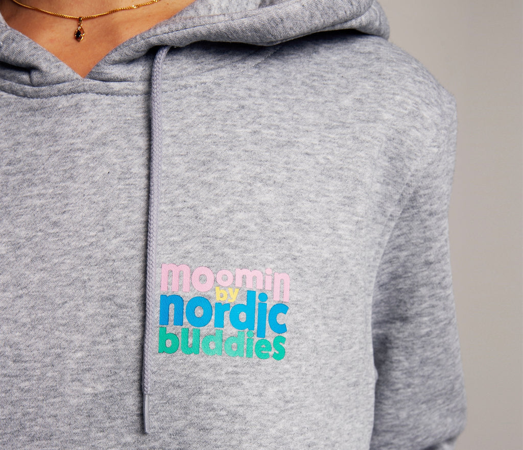 7. Close-up of Moomin by NordicBuddies logo on grey hoodie