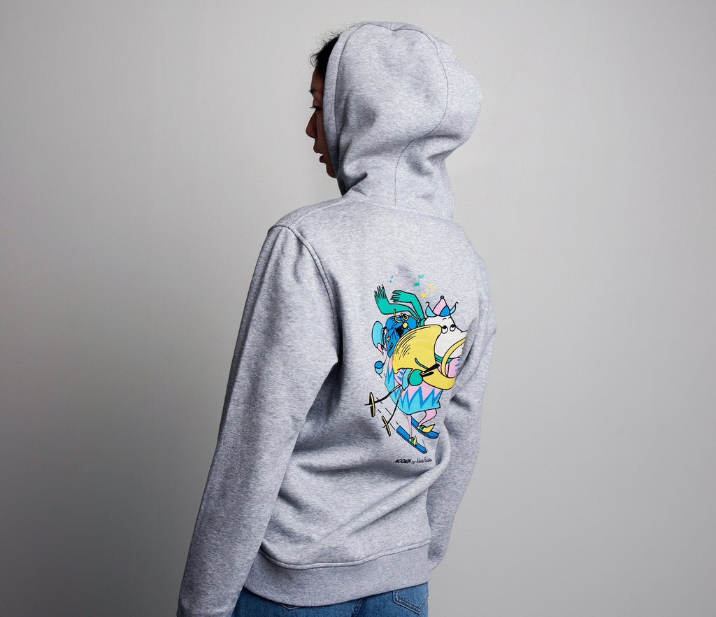 2. Women's grey Moomin by NordicBuddies unisex hoodie, back view showing Hemulens design