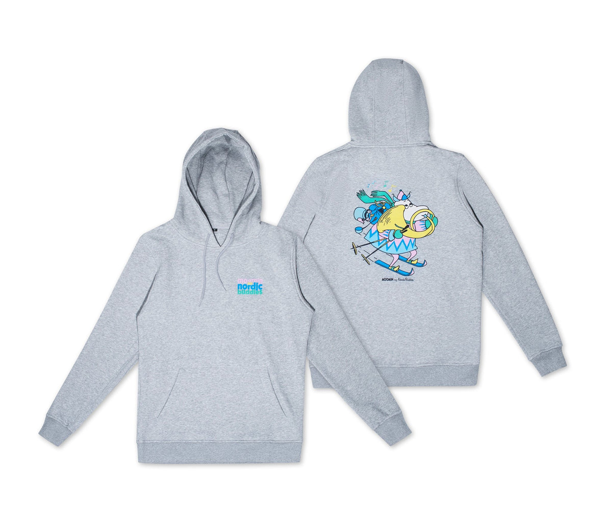 3. Flat lay of grey Moomin by NordicBuddies unisex hoodie, front and back design