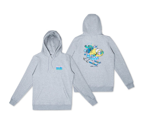 3. Flat lay of grey Moomin by NordicBuddies unisex hoodie, front and back design