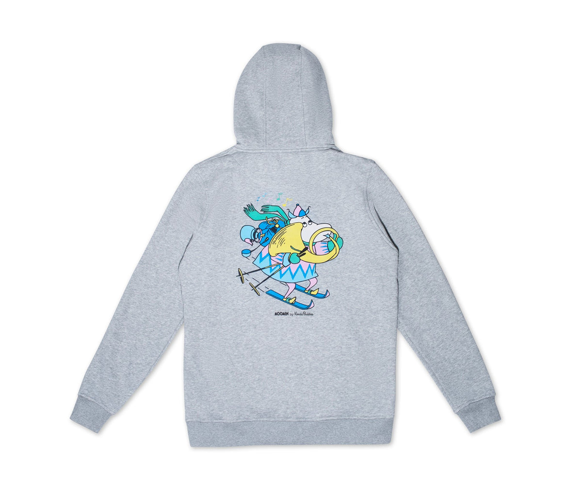 5. Studio shot of grey Moomin by NordicBuddies unisex hoodie, back view with Hemulens print