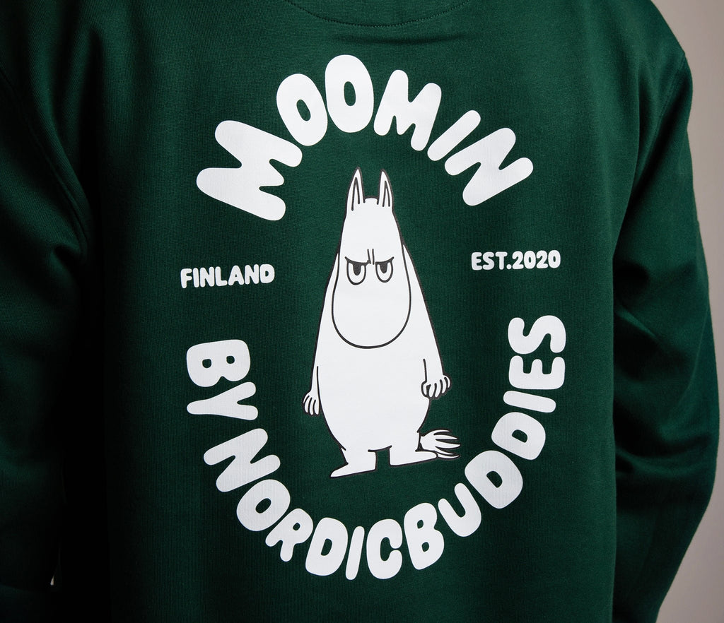 6. Close-up of Moomin character design on back of green hoodie, featuring Nordic Buddies branding