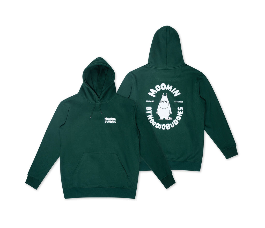 3. Flat lay of unisex green Moomin hoodie showing front and back designs with Moomin character