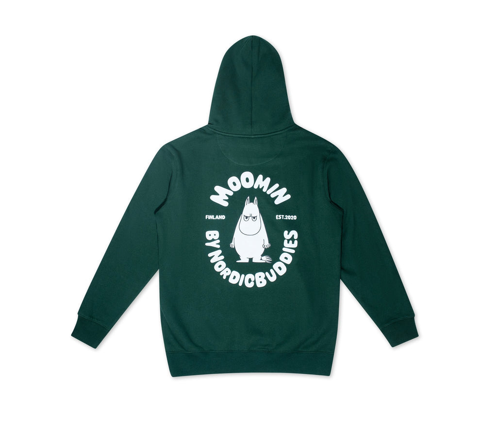 8. Studio shot of unisex green Moomin hoodie showing back design with Moomin character