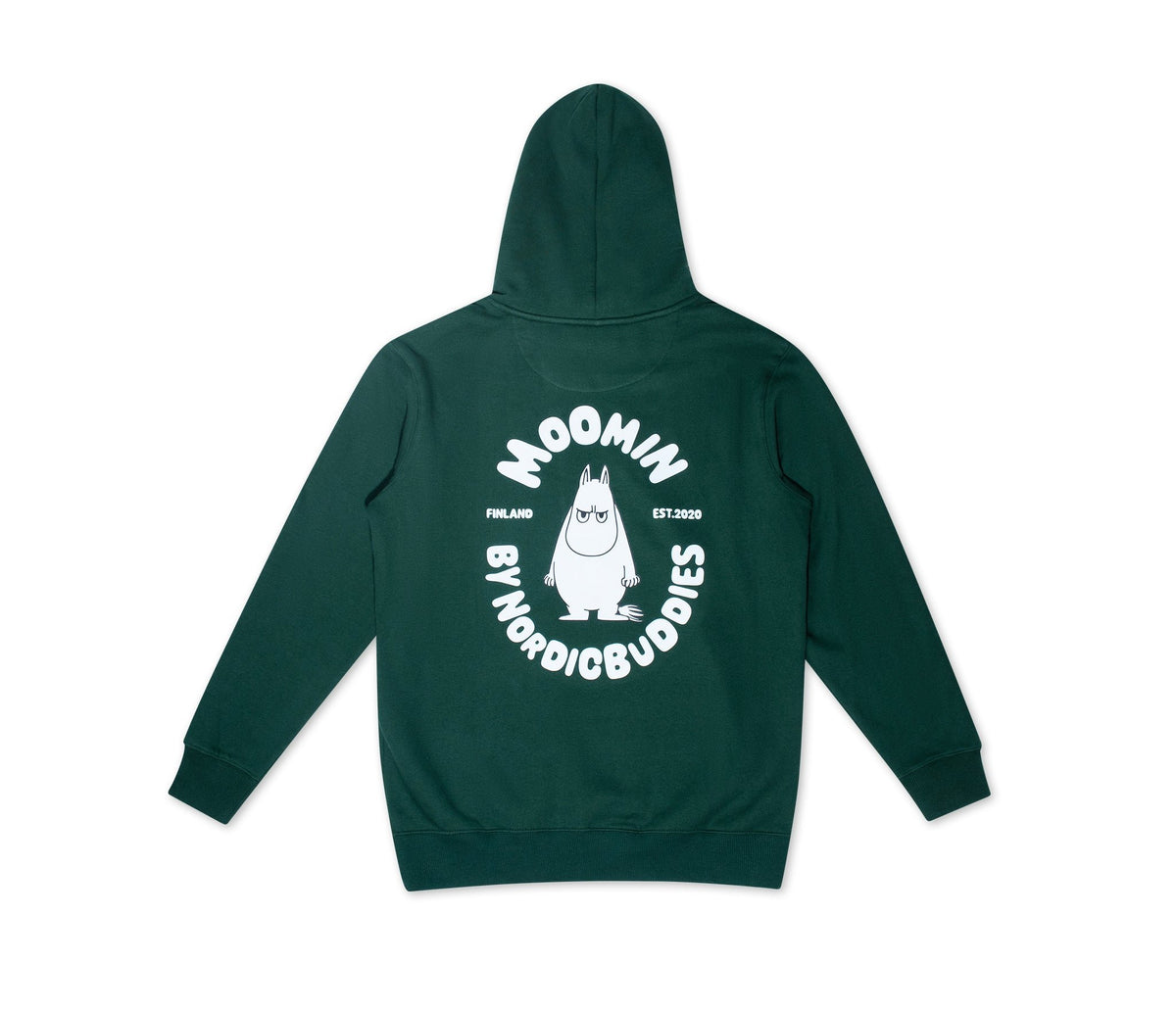 8. Studio shot of unisex green Moomin hoodie showing back design with Moomin character