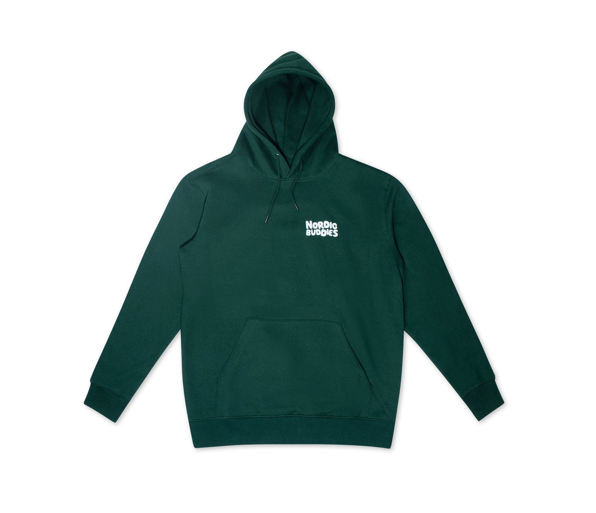 2. Studio shot of unisex green Moomin hoodie showing front with Nordic Buddies logo