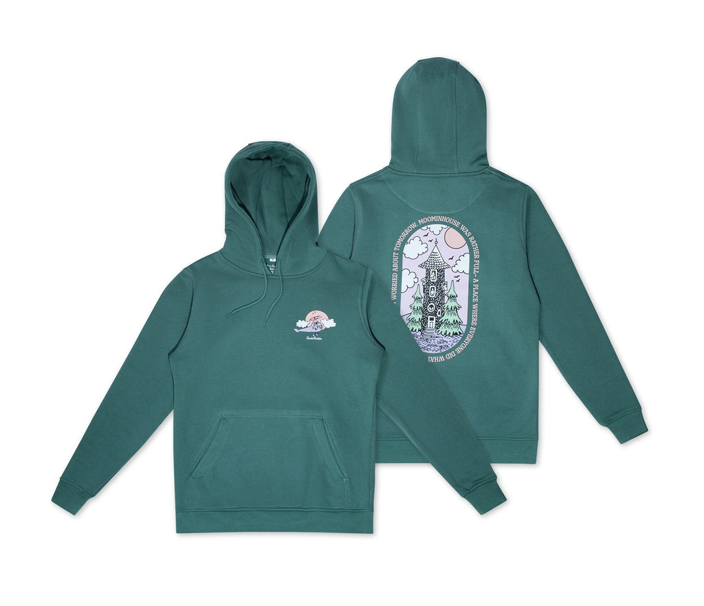5. Front and back view of green Moomin by NordicBuddies hoodie with Moominhouse design