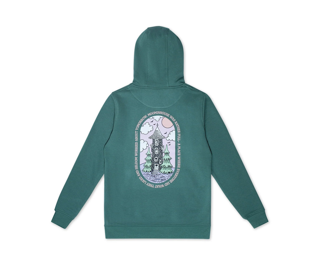 7. Studio shot of green Moomin by NordicBuddies hoodie showing back Moominhouse design