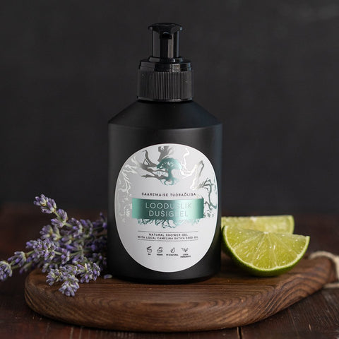 1. HOIA homespa organic shower gel, 200ml, with natural essential oils, displayed with lavender and lime on wooden board