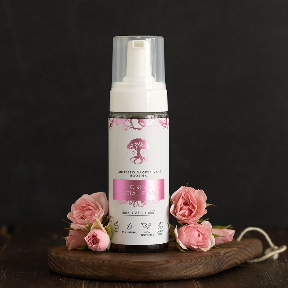 1. HOIA homespa Toning Facial Foam with roses, lifestyle setting