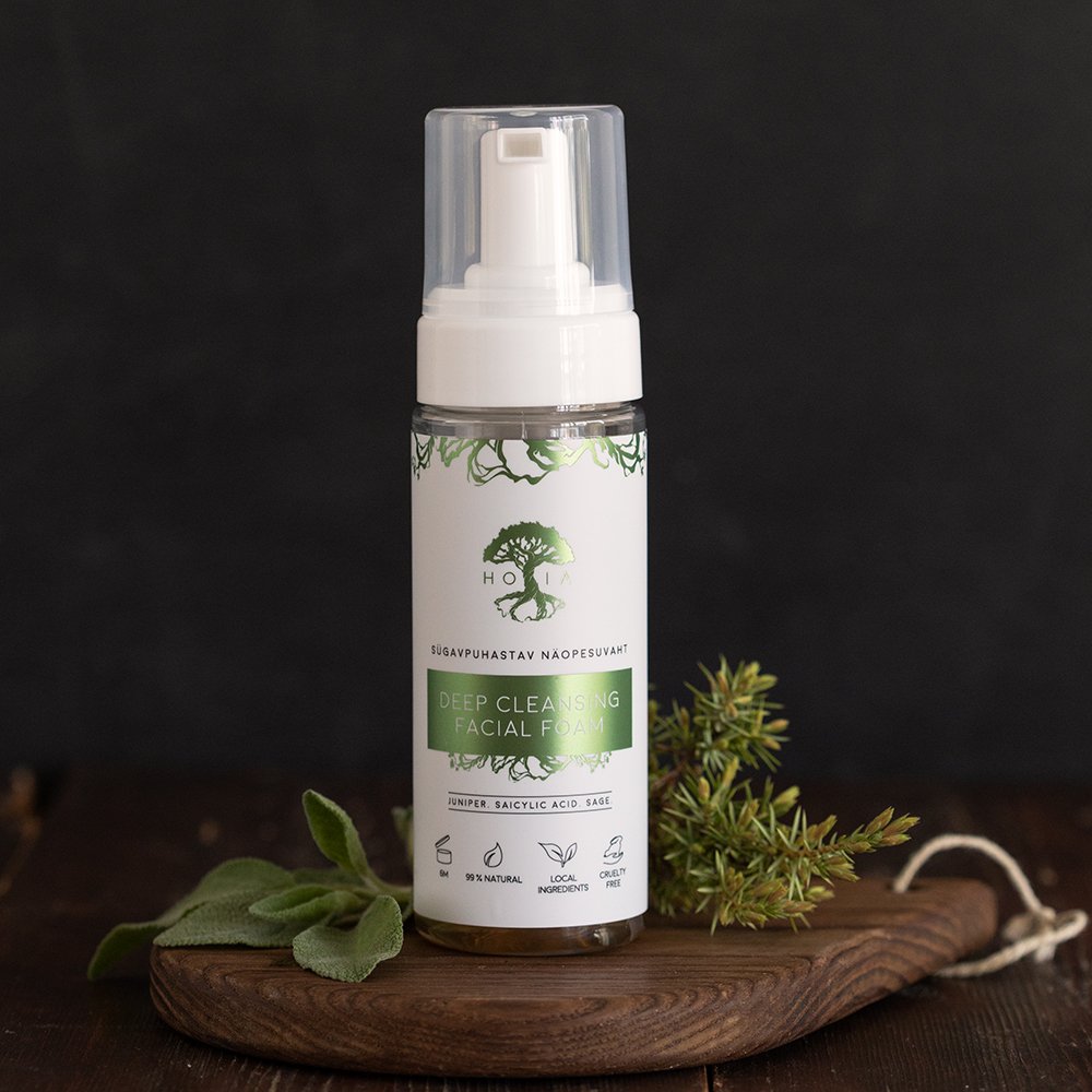 2. HOIA homespa deep cleansing facial foam with juniper and sage, displayed on wooden board