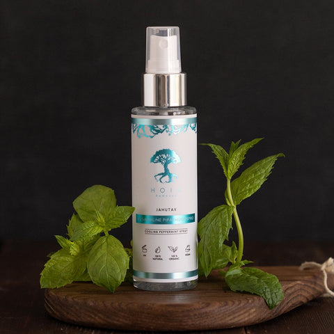 1. HOIA homespa Cooling Peppermint Spray, 100ml bottle with mint leaves, showcasing natural and organic skincare product