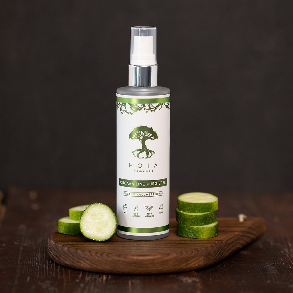 1. HOIA homespa Organic Cucumber Spray 100ml bottle with sliced cucumbers on wooden board, highlighting natural ingredients