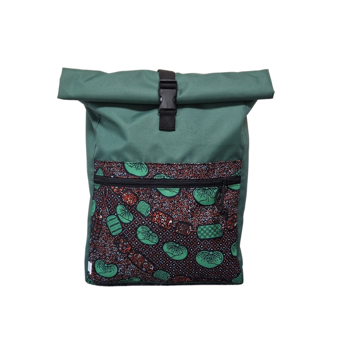 1. Drinbags WHO LET THE BEANS OUT waterproof backpack in green with patterned front pocket, studio shot