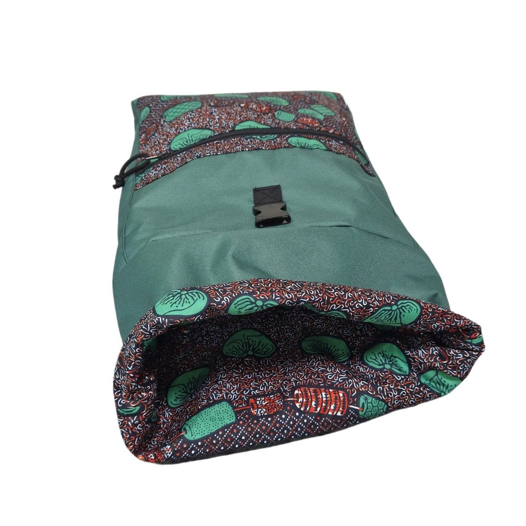5. Close-up of Drinbags WHO LET THE BEANS OUT backpack in green, highlighting interior pattern