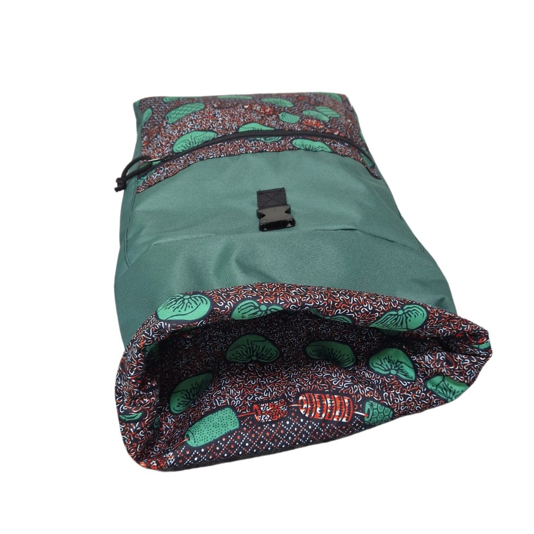 5. Close-up of Drinbags WHO LET THE BEANS OUT backpack in green, highlighting interior pattern