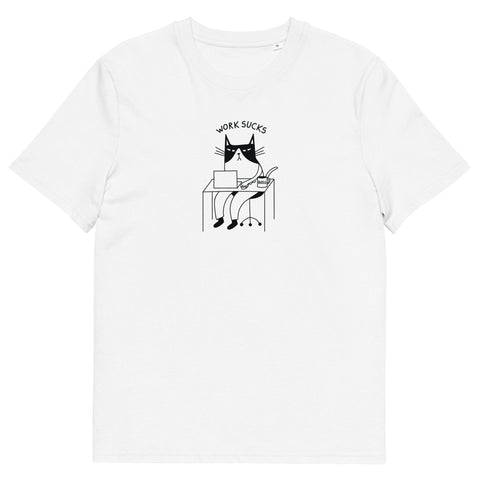 1. Unisex Work Sucks T-Shirt by HILP featuring Grumpy Cat graphic on white organic cotton