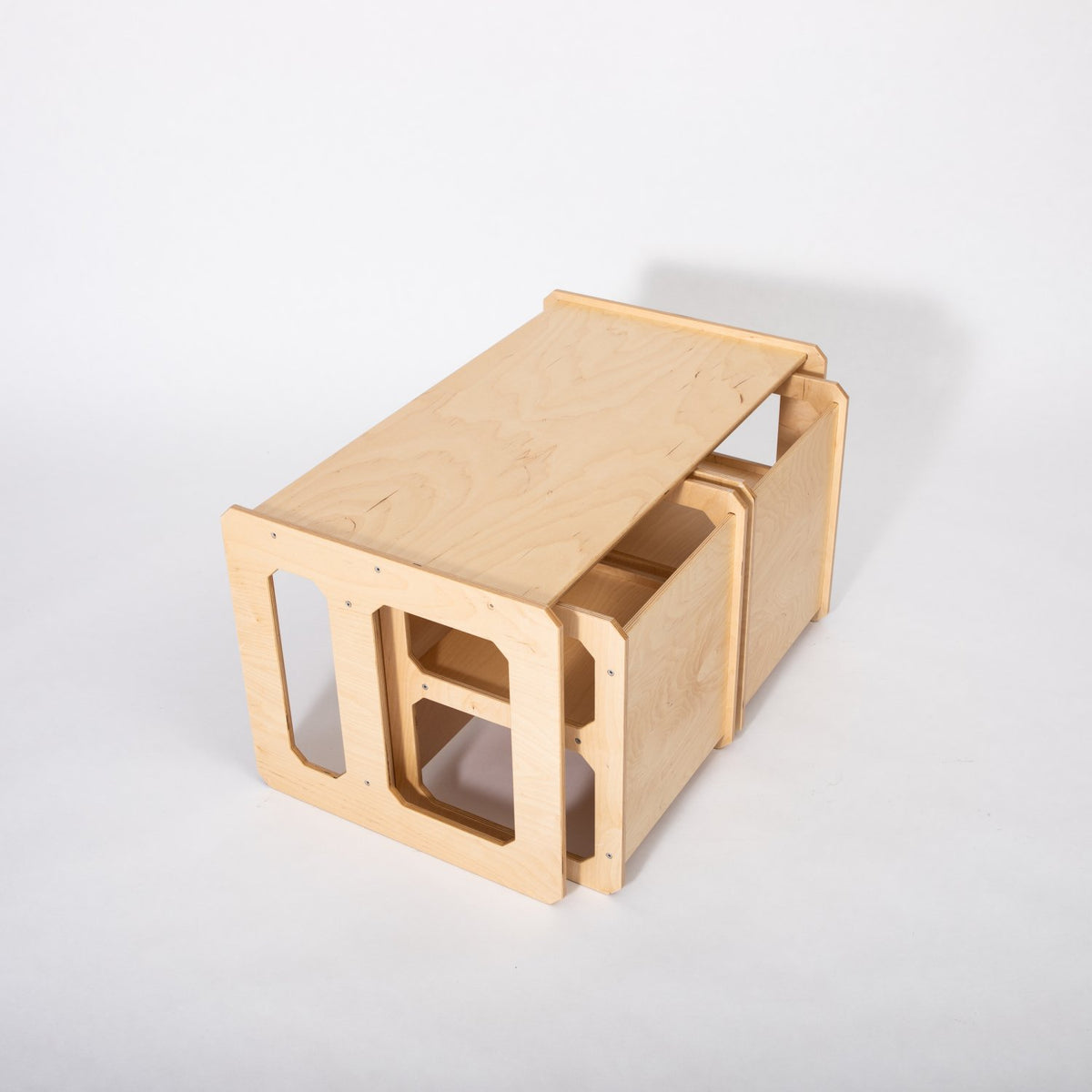 4. Flat lay of natural wood Montessori weaning table and chair set on white background