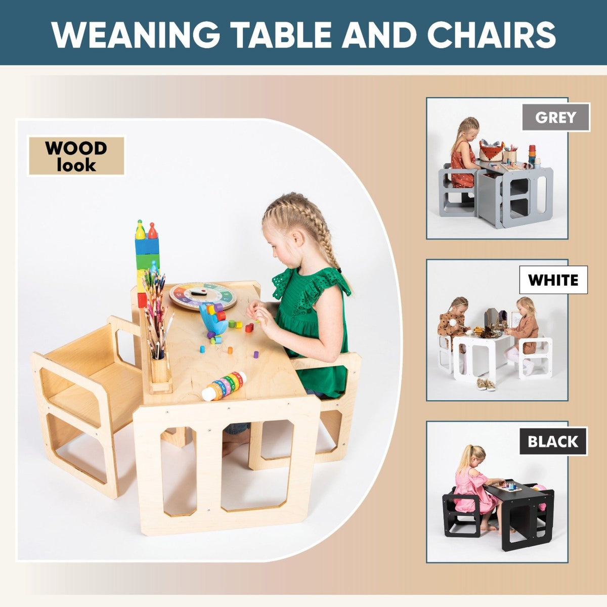 3. Collage of children using Montessori weaning table and chair set in wood, grey, white, and black finishes