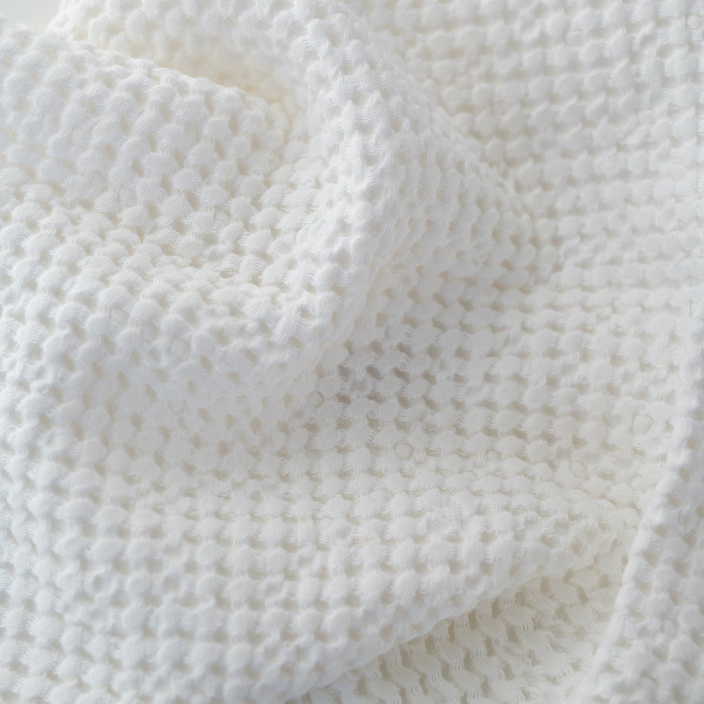 3. Close-up of white honeycomb waffle fabric texture, highlighting weave and softness
