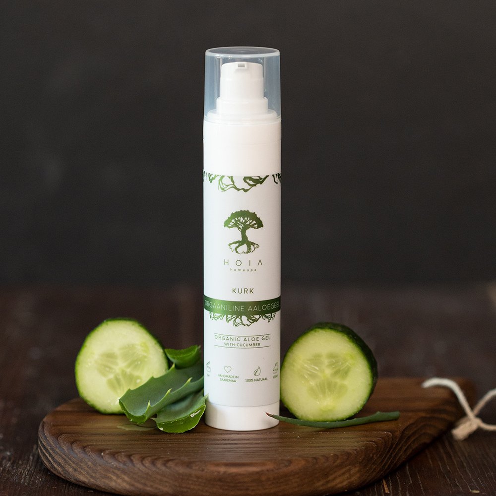 1. HOIA homespa Organic Aloe Gel with Cucumber in airless container, displayed with fresh cucumber slices and aloe leaf on wooden board