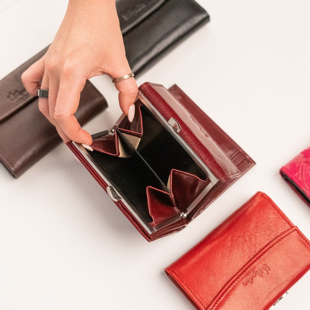 3. Papillon women's leather wallet in use, showing interior compartments and coin pocket with frame