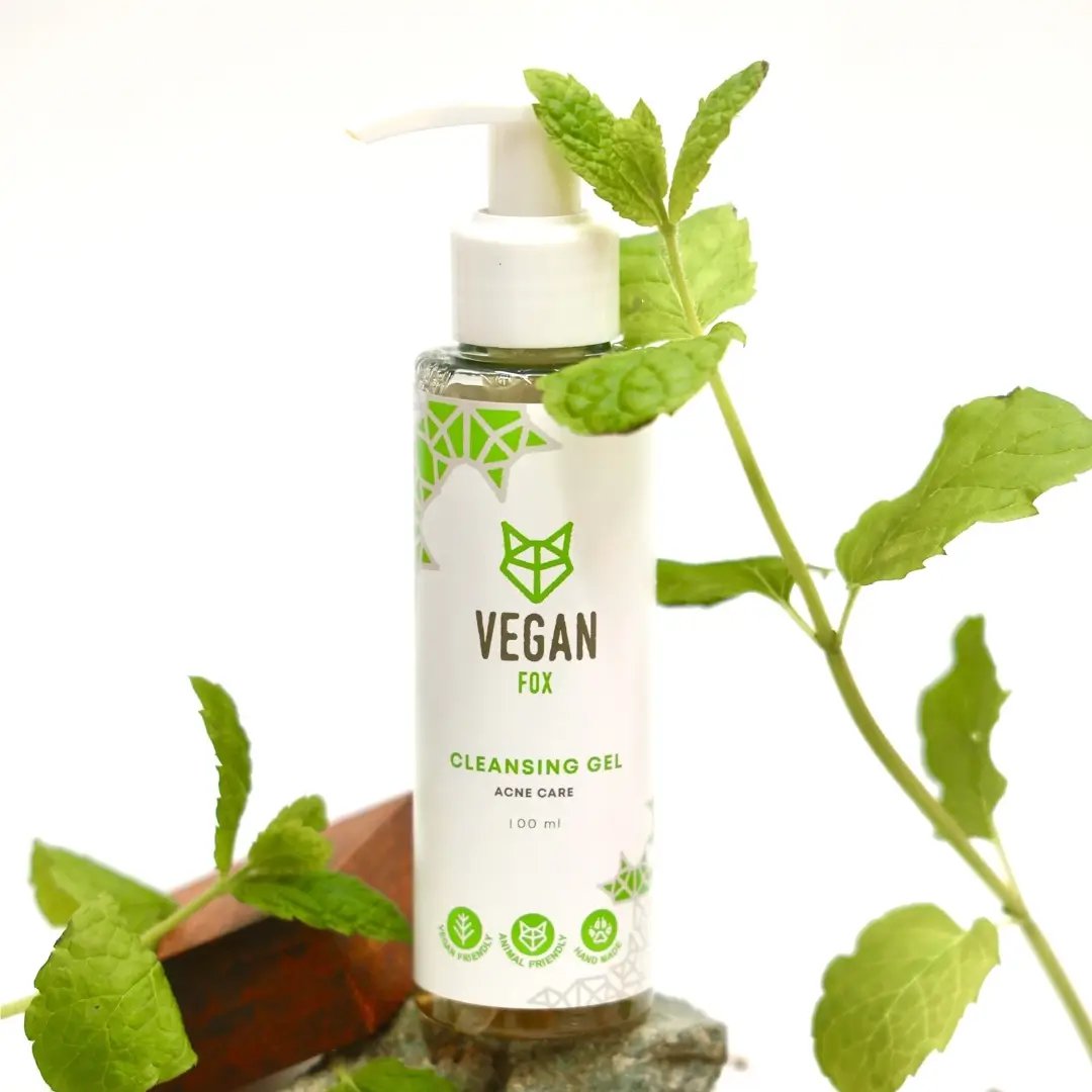 1. Vegan Fox Acne Care Face Cleansing Gel, 100 ml, with lemongrass and mint, shown with fresh mint leaves