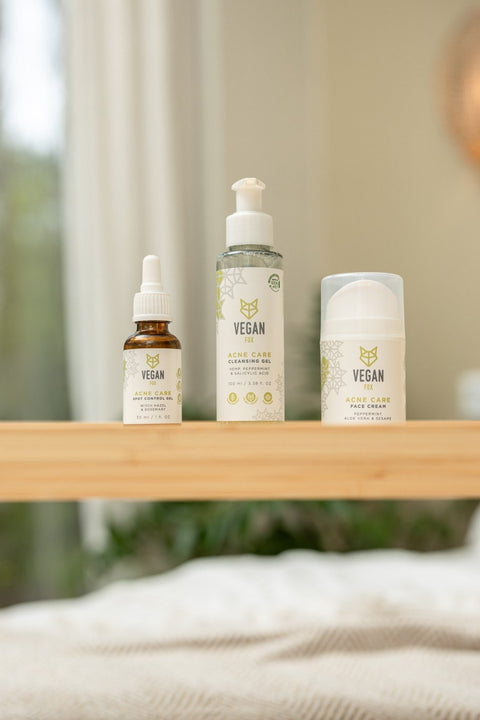 5. Vegan Fox Acne Care Face Set, including face cream, spot control gel, and cleansing gel, on a wooden surface
