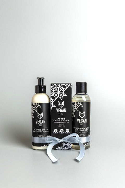 4. Vegan Fox men's grooming set with ribbon, featuring shaving cream, after shave cream, and 2-in-1 body and hair wash, studio setting