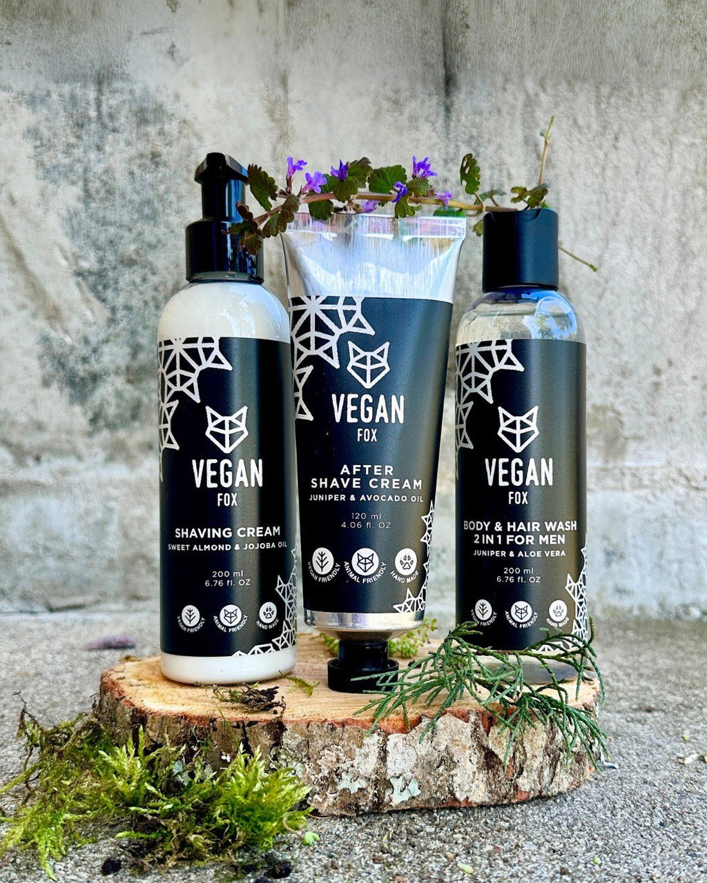 3. Vegan Fox men's grooming set with natural elements, including shaving cream, after shave cream, and 2-in-1 body and hair wash