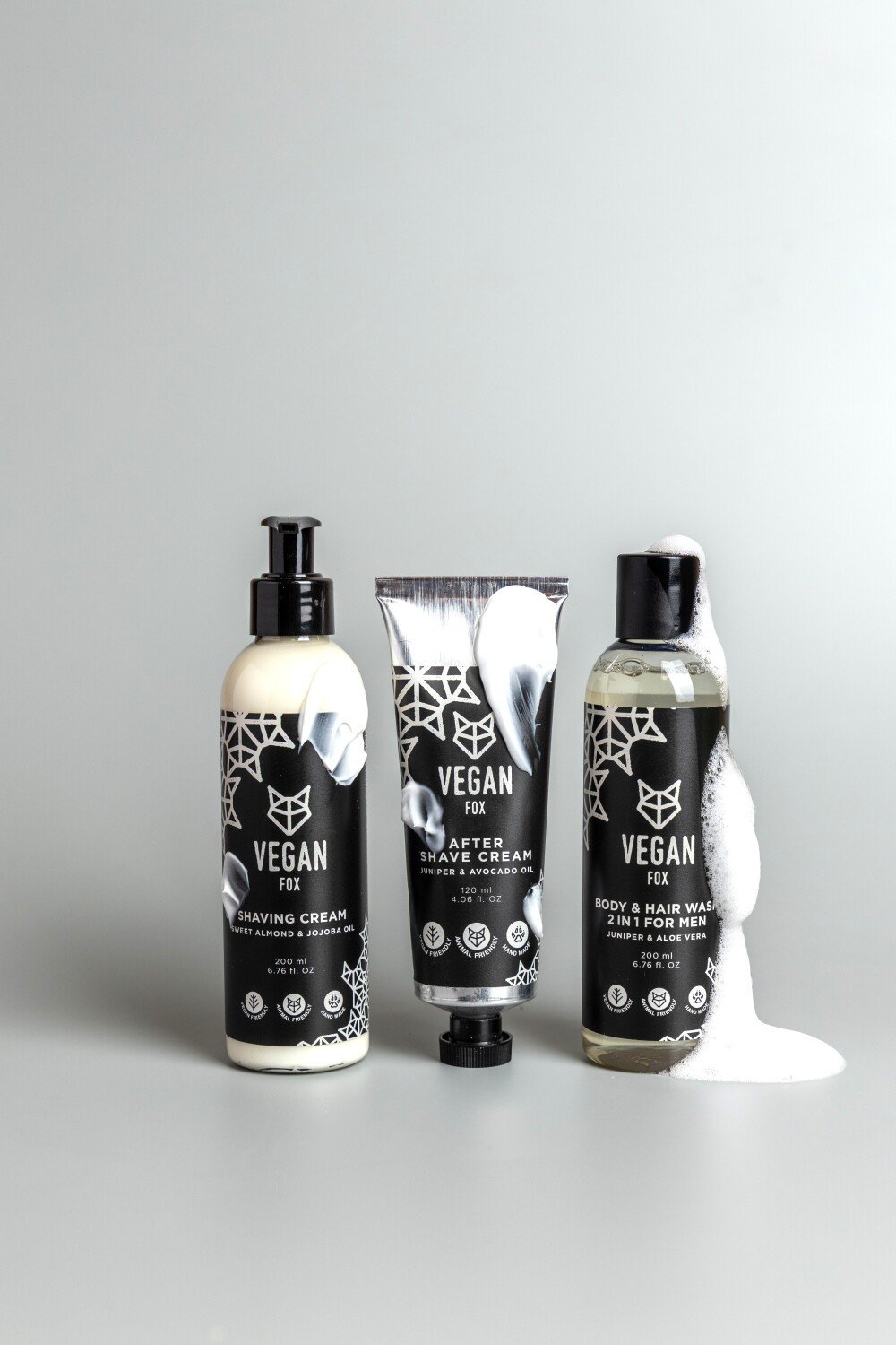1. Vegan Fox men's grooming set with shaving cream, after shave cream, and 2-in-1 body and hair wash, studio setting