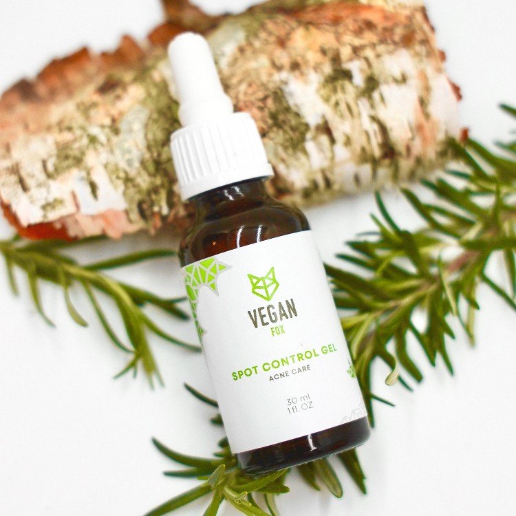 1. Vegan Fox Acne Care Spot Control Gel, 30 ml bottle with natural background, featuring antibacterial and anti-inflammatory properties