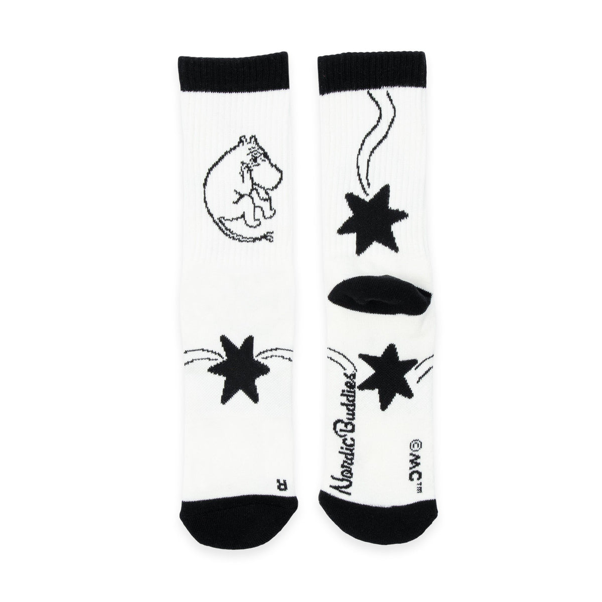 1. Women's Moomin Novels socks by NordicBuddies in white with black playful Moomin illustrations, shown in flat lay. One-size-fits-all design for EU sizes 36-42, made from cotton blend.