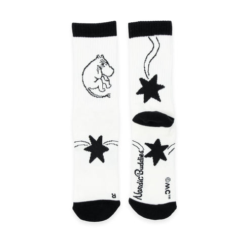 1. Women's Moomin Novels socks by NordicBuddies in white with black playful Moomin illustrations, shown in flat lay. One-size-fits-all design for EU sizes 36-42, made from cotton blend.