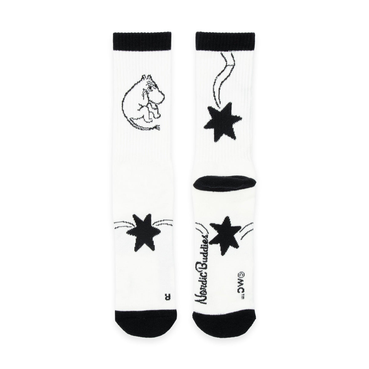 1. Men's Moomin Novels socks by NordicBuddies in white with playful black Moomin illustrations, shown in flat lay