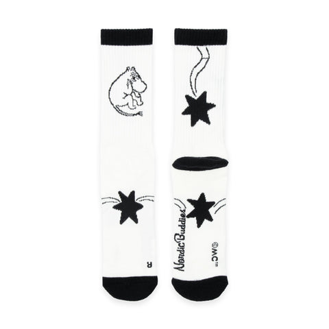 1. Men's Moomin Novels socks by NordicBuddies in white with playful black Moomin illustrations, shown in flat lay