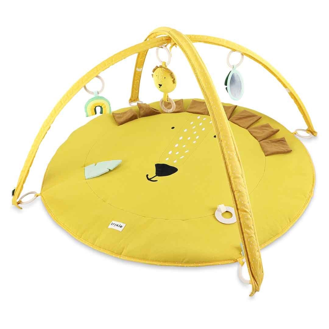 2. Yellow lion-themed activity play mat with arches and hanging toys, designed for infant sensory play