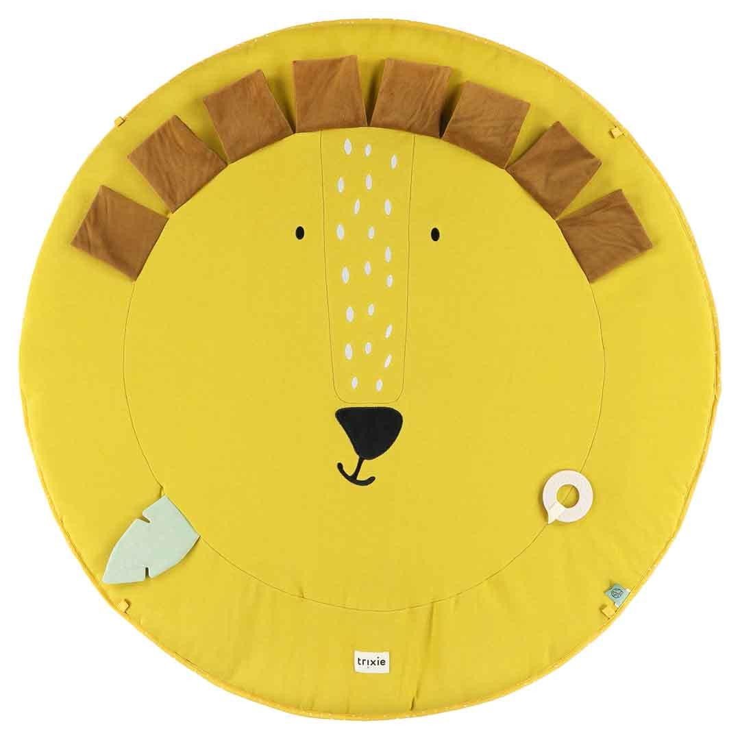 2. Yellow circular play mat with lion face design, featuring brown mane details and attached sensory toys