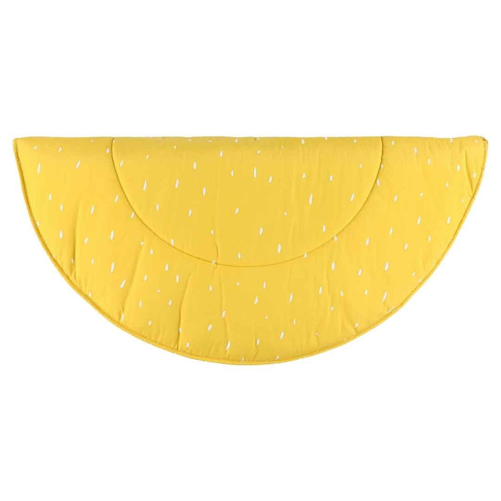 4. Flat lay of yellow semi-circular play mat with white dotted pattern, designed for infants