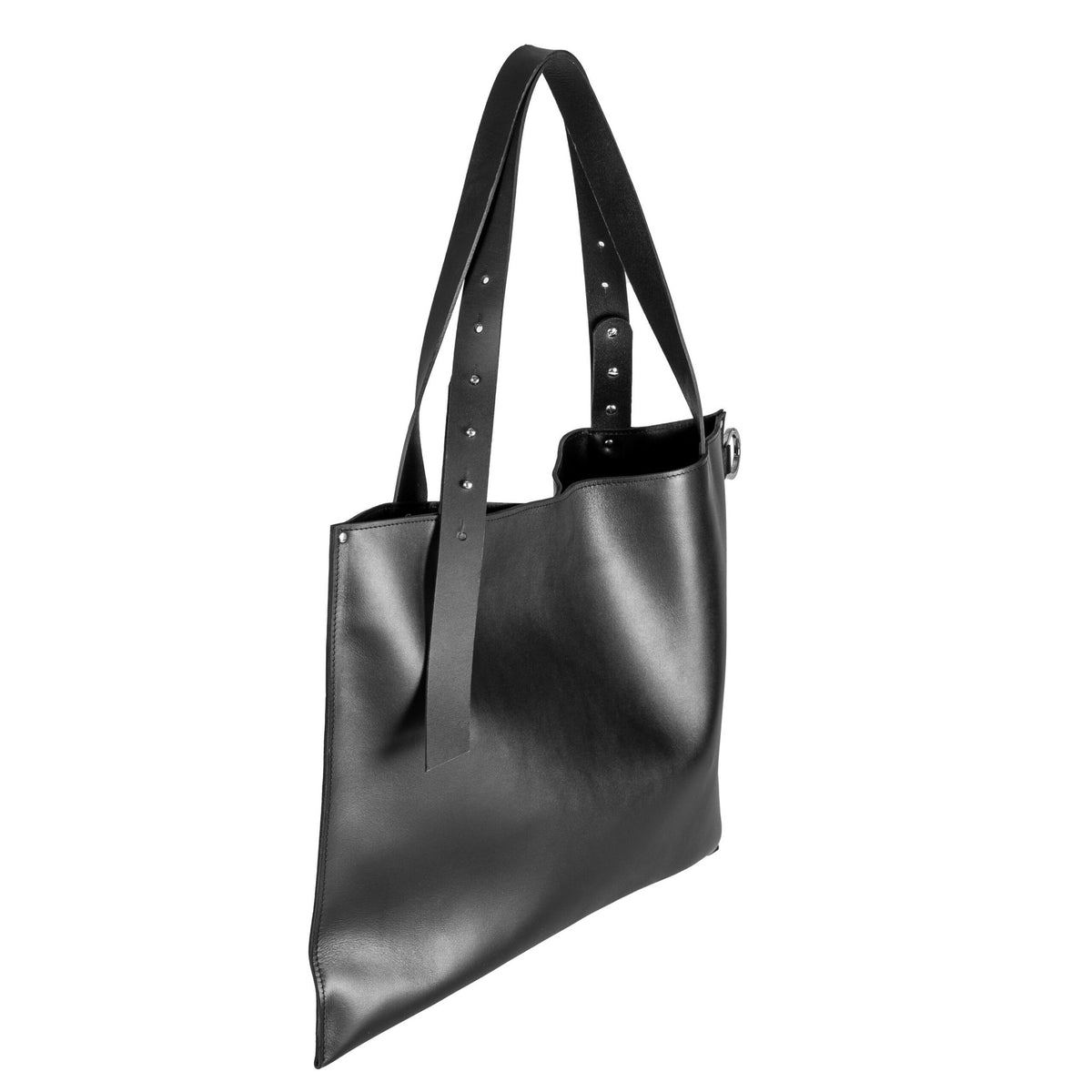 4. Studio image of PYKOK Adele large handbag in genuine black leather, showing adjustable straps