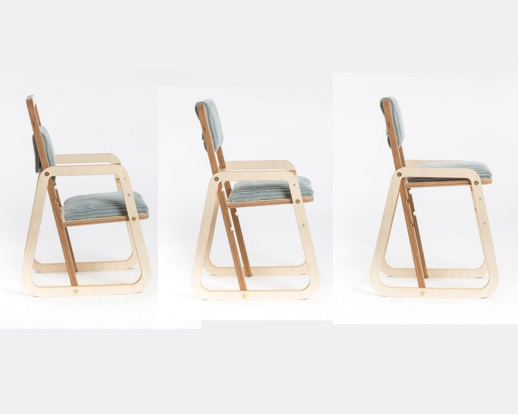 9. Three side views of adjustable mint green children's chair on white background