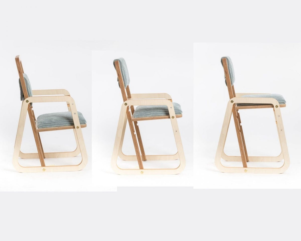 9. Three side views of adjustable mint green children's chair on white background