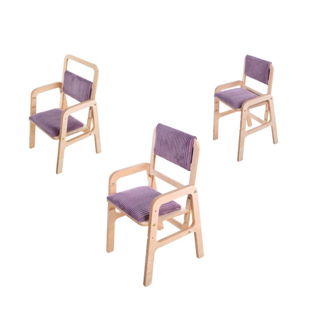 4. Flat lay of three adjustable children's chairs in cannon pink, showcasing different height settings